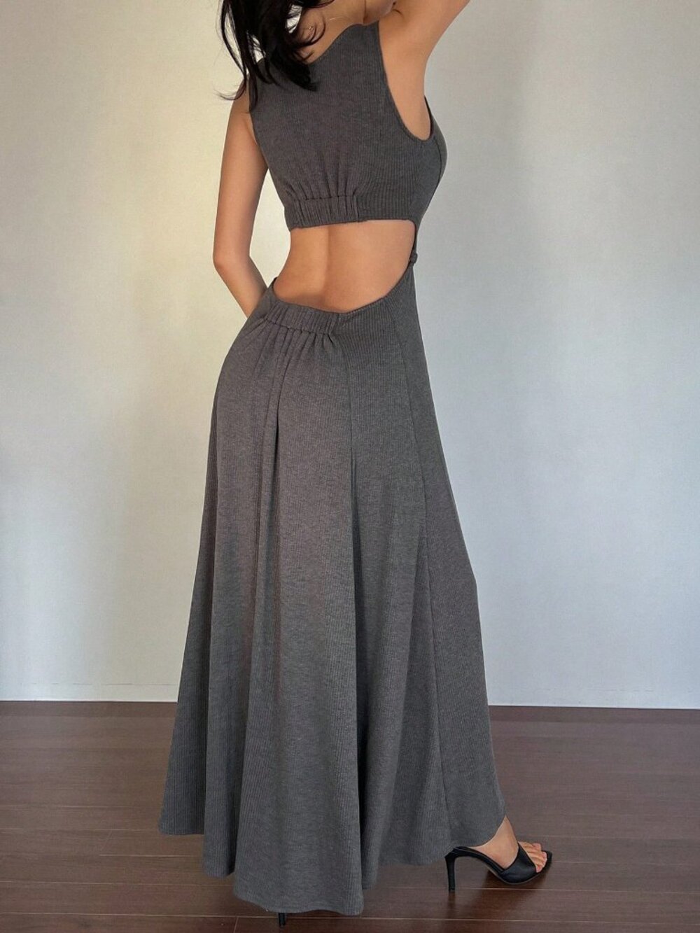 Grey Casual Women's Strap Hollow Back V-Neck Dress - Picture 2 of 5